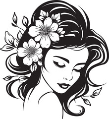 Woman’s Portrait and Flower Accents Black Vector Logo Icon Woman’s Face Surrounded by Blossoming Botanicals Vector Black Design