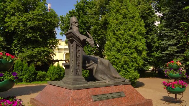 Polotsk, Belarus, 13.07.2025. Sculpture of Simeon Polotsky side view