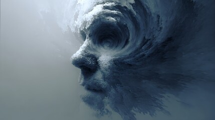 abstract dream eater absorbing memories, images of real world objects swirling into a face, half-seen in the fog, symbolic of perception and distortion 