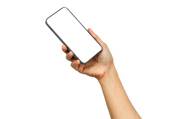 Mobile smart phone with white blank screen in Asian lady hand  for communication isolated on white background with clipping path.