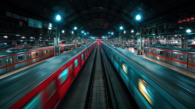 A busy train station at night with multiple trains on parallel tracks illuminated by blue and red lighting