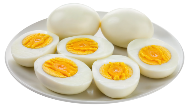 a plate of freshly hardboiled eggs, some whole and some halved