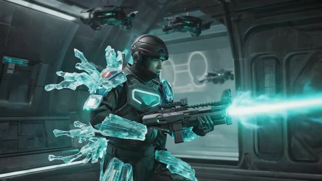 Sci-fi soldier fires energy weapon amidst futuristic drones and icy armor