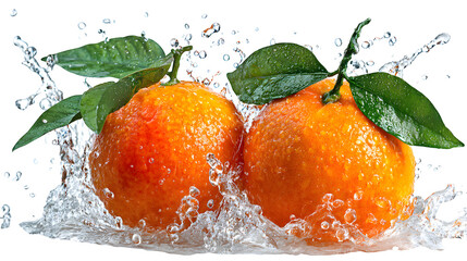 Oranges with splash of water and green leaves, isolated on white