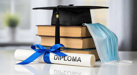 Graduation Cap on Books with Diploma and Blue Surgical Mask Still Life Composition Academic Achievement