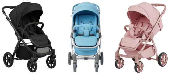 a collection of three baby strollers in black, blue, and pink