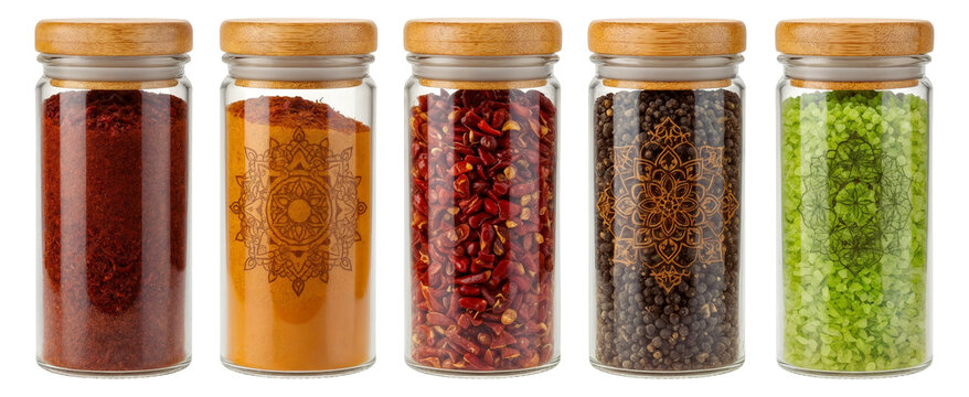 a set of five jars of oriental spices with engraved patterns