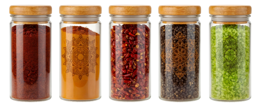 a set of five jars of oriental spices with engraved patterns