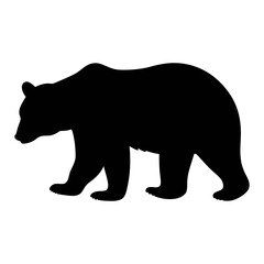 Fototapeta premium Black silhouette of walking bear on white, Simple black bear silhouette illustration, walking left on a white background, ideal for icons, logos, and wildlife graphics. 