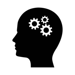 Human head silhouette with gears representing thinking process and mental activity concept