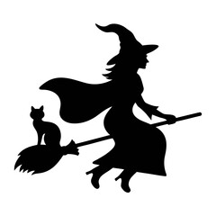 Halloween witch flying on broom silhouette with black cat vector illustration graphic design