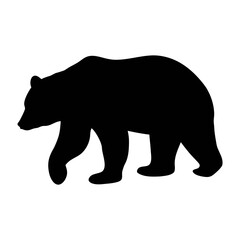 Fototapeta premium Black silhouette of walking bear on white, Simple black bear silhouette illustration, walking left on a white background, ideal for icons, logos, and wildlife graphics. 