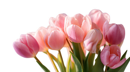 Fototapeta premium Pink tulips blooming in soft spring sunlight, isolated on white