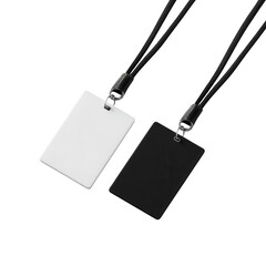 Fototapeta premium Two blank identification cards, one white and one black, hanging from black lanyards