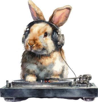 dj bunny wearing headphones on turntable clip art preview