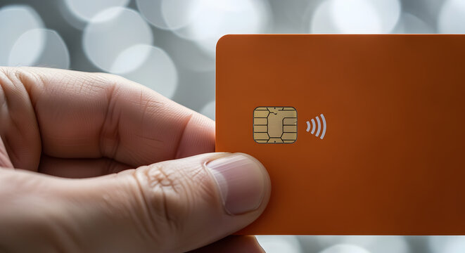 Hand Holding Orange Credit Card with Chip Detail on Blurred Bokeh Background - Powered by Adobe