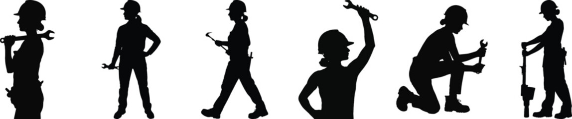 Woman construction worker silhouette vector, female with wrench and safety helmet