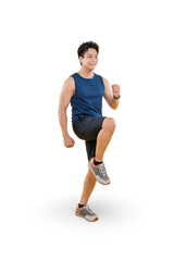 A man doing a high knees exercise with determination and focus on png background