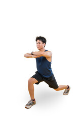 A man performing a lunge exercise to promote fitness, demonstrating his commitment to wellness on png background