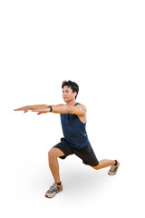 A man is shown stretching his body in an active pose, he is wearing sportswear and sneakers. His hands are extended out, which is on png background