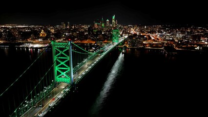 Night Cable Bridge In Philadelphia Pennsylvania United States. Stunning Landscape Of Highway Road Viewed From Above. Building Sky Background Illuminated Urban. Town Drone View Downtown Panoramic.