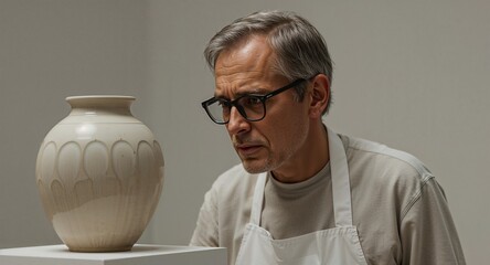 Dedicated Artisan Critically Examining Hand-Crafted Ceramic Vase in Studio