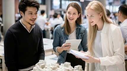 Architects and a diverse team collaborate in a modern office on innovative urban project ideas.