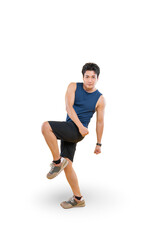A man gracefully performing a dynamic fitness routine. He is captured mid-motion with a focused expression on png background