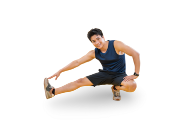 A smiling man stretching his leg while exercising. A man is smiling while he exercise in a sporty outfit on png background