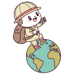Cute World Traveler Character with Backpack Standing on Globe, Global Adventure Illustration. Perfect for: Travel Blogs, Wanderlust Campaigns, International Day
