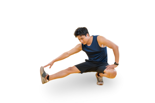 A man stretches his legs with a focused expression on his face on png background