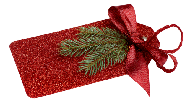 Red glitter Christmas tag with fir and ribbon, isolated on white