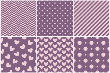 Set of hearts, polka dot, diagonal line and chevron lines seamless tile pattern background. Geometric printing backdrop vector illustration
