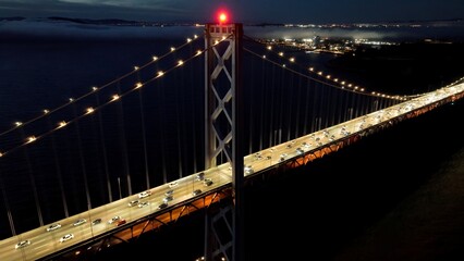 Night Oakland Bay Bridge In San Francisco California United States. Birds Eye View Of Suspension...
