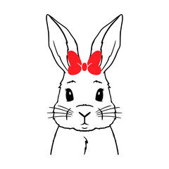 Bunny with red hair bow svg cut file. Isolated vector illustration.
