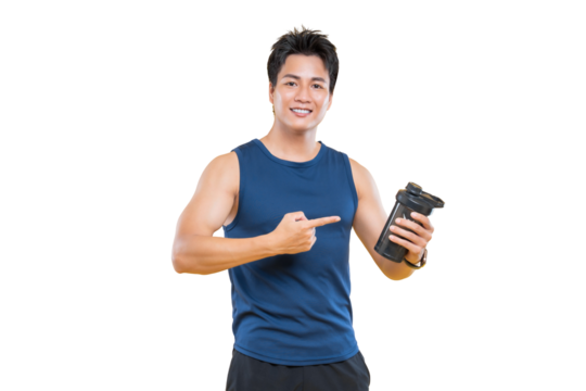 A fit man pointing a finger at the bottle with a smile on png background