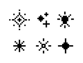 Pixel art sparkle icon set with six black star-shaped glimmer symbols, Pixel Sparkle Icons, 8-Bit Star Effects, Retro Glowing Elements, Pixelated Shine Symbols, Pixel art.