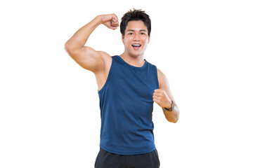 A muscular man flexing his biceps. The image shows a man with a fit body and wearing a blue tank top on png background