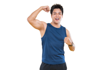 A muscular man flexing his biceps. The image shows a man with a fit body and wearing a blue tank top on png background