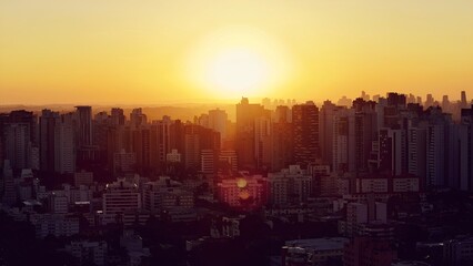 Fototapeta premium Sunset Skyline In Curitiba Parana Brazil. Aerial View Of A High-Rise Buildings And Traffic Showcasing Urban Life. Sunset Clouds Sky Downtown. Sunset Outdoors Downtown Panning Wide. Curitiba Parana.
