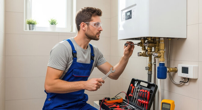 Gas fitter adjusting a valve on a water heater for maintenance work. Gas fitter fixing pipes and connections on domestic boiler unit with a wrench.
