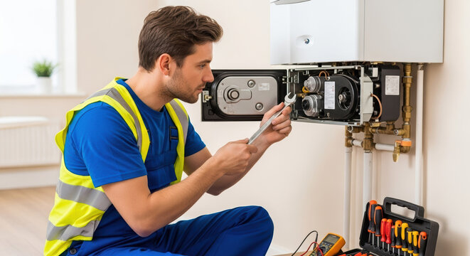 Professional technician repairing gas boiler, ensuring safe and efficient operation. Gas boiler maintenance requires skilled worker for inspection and fix ensuring optimal functioning. - Powered by Adobe