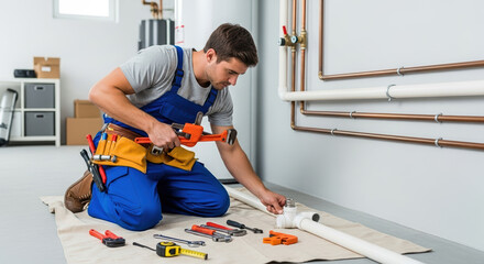 Fototapeta premium Plumber repairs pipes in a basement, plumber fixing plumbing system with tools. Plumber installs PVC pipes, inspecting connections and assembling components, and ensuring water tightness.
