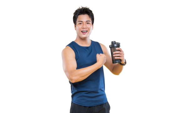 A fit man holding a protein shaker, showing off his bicep on png background