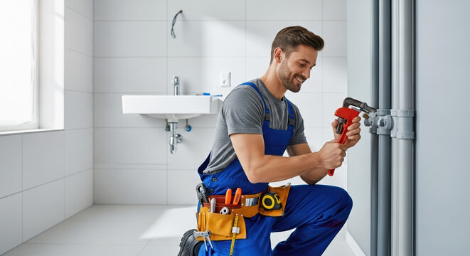 Plumber at work fixing pipes in bathroom, experienced tradesman makes repairs. Plumber wearing blue overalls, ready to work, and equipment improve bathroom plumbing, ensures the proper connection.