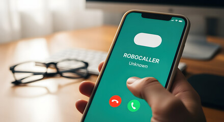 Hand Holding Smartphone with Robocaller Notification Over Wooden Desk Featuring Computer Keyboard and Green Interface with Buttons