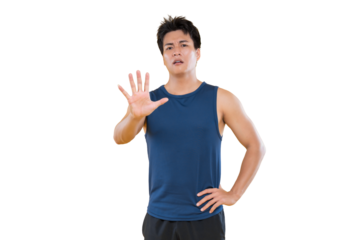 A man with hand out in gesture of warning or halt, expressing disagreement or disapproval on png background