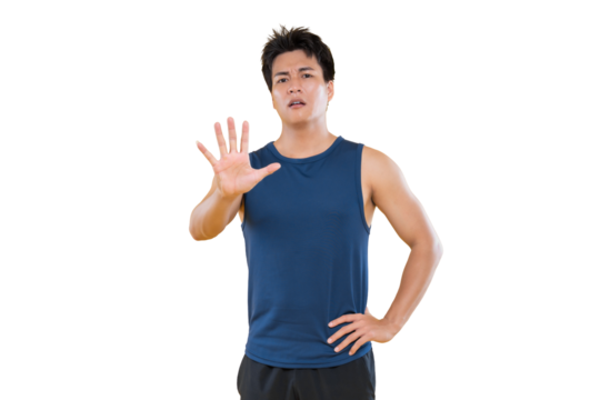 A man with hand out in gesture of warning or halt, expressing disagreement or disapproval on png background