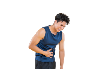 A man expressing abdominal pain, clutching his stomach, wears a tank top, showcasing discomfort, pain on png background
