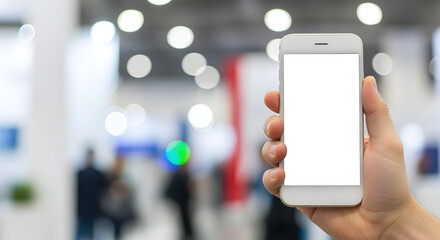 Hand Holding White Screen Smartphone Against Bokeh Lights Background for Digital Interface Presentation at Expo or Event